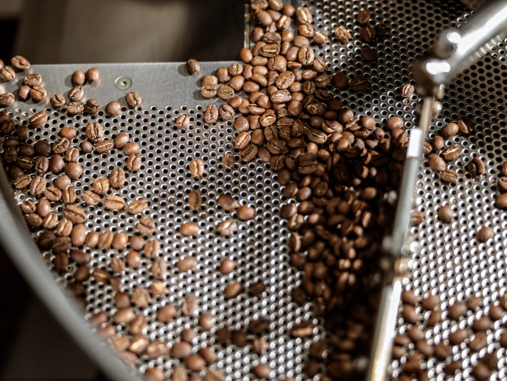 Freshly roasted coffee beans cooling