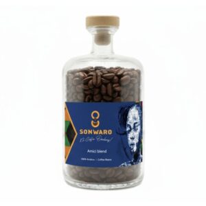 Sonwaro Amici Blend coffee beans in a glass jar