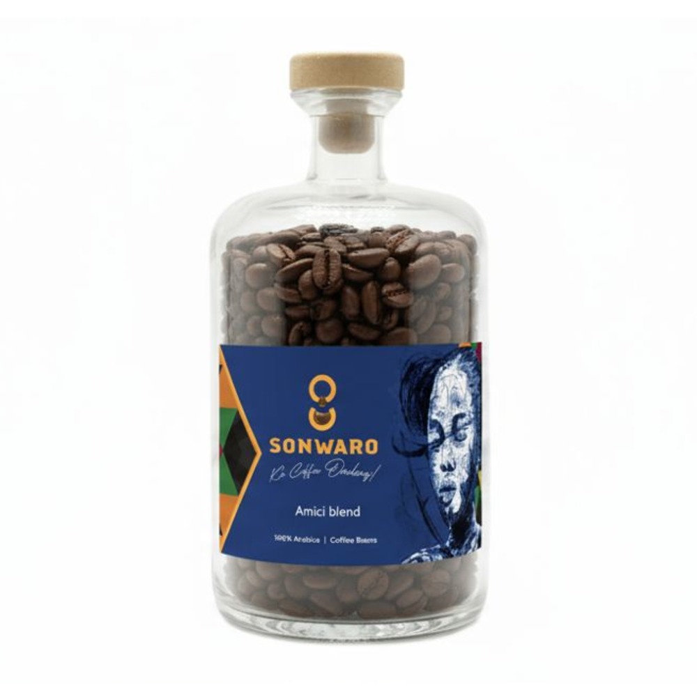 Sonwaro Amici Blend coffee beans in a glass jar