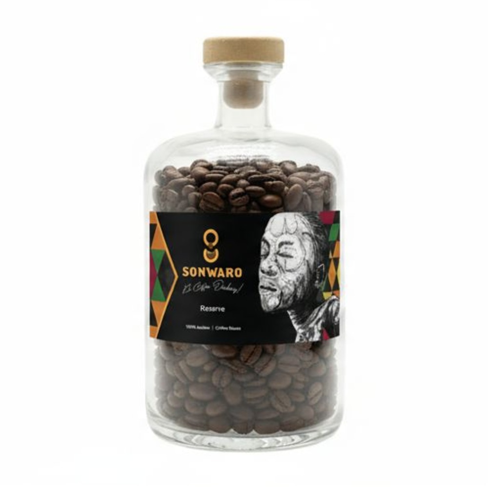 Sonwaro Reserve coffee beans in a glass jar