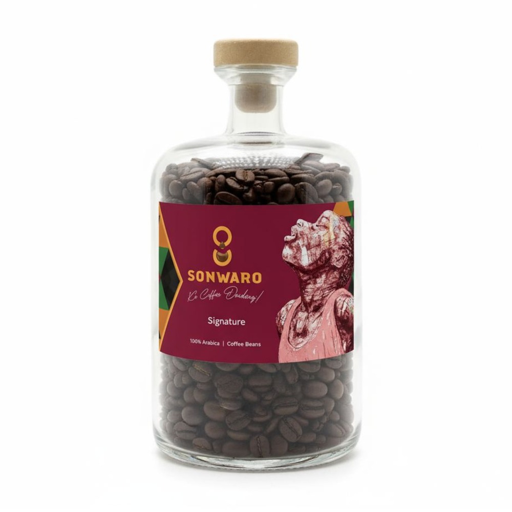 Sonwaro Signature coffee beans in a glass jar
